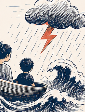Illustration d’une mère et son enfant assis dans une petite barque, au milieu d’une tempête et de vagues, symbolisant une crise émotionnelle traversée ensemble.
